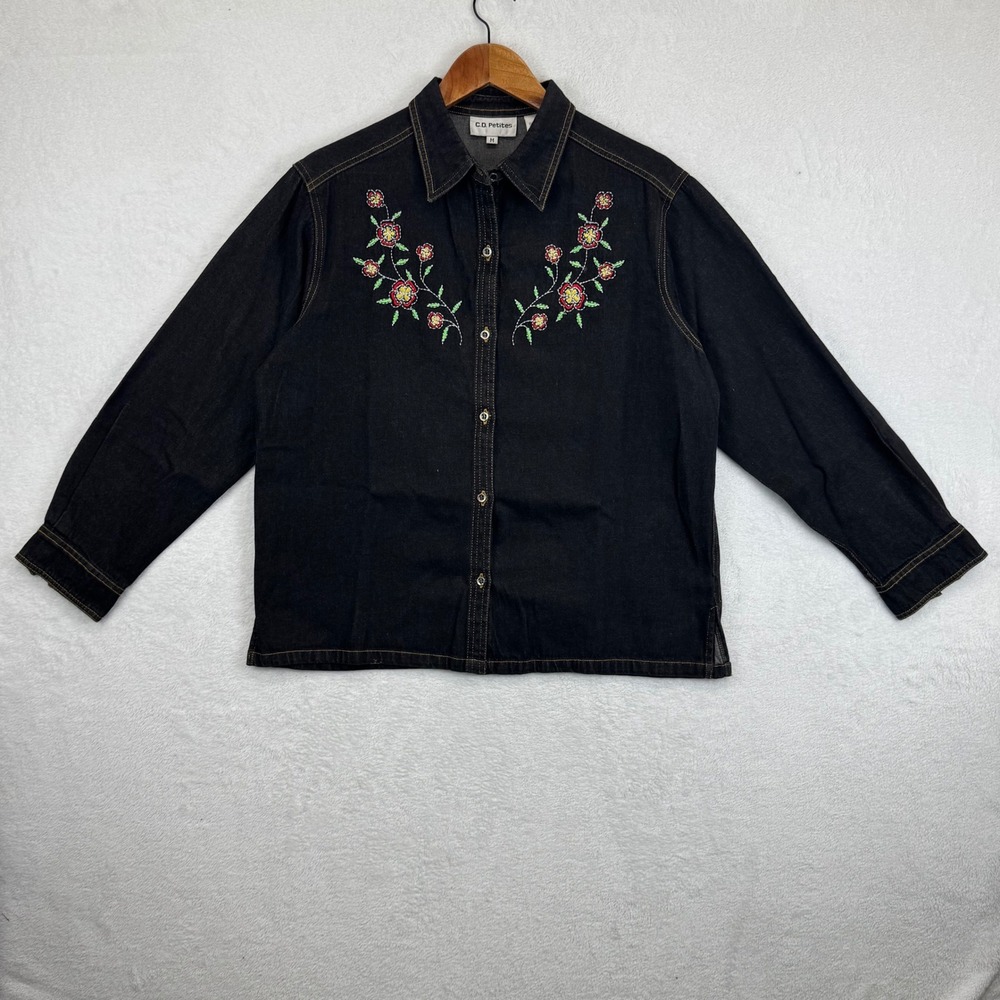 CD Petites‎ Black Denim Embroidered Floral Button Up Shirt Women's Size Medium
